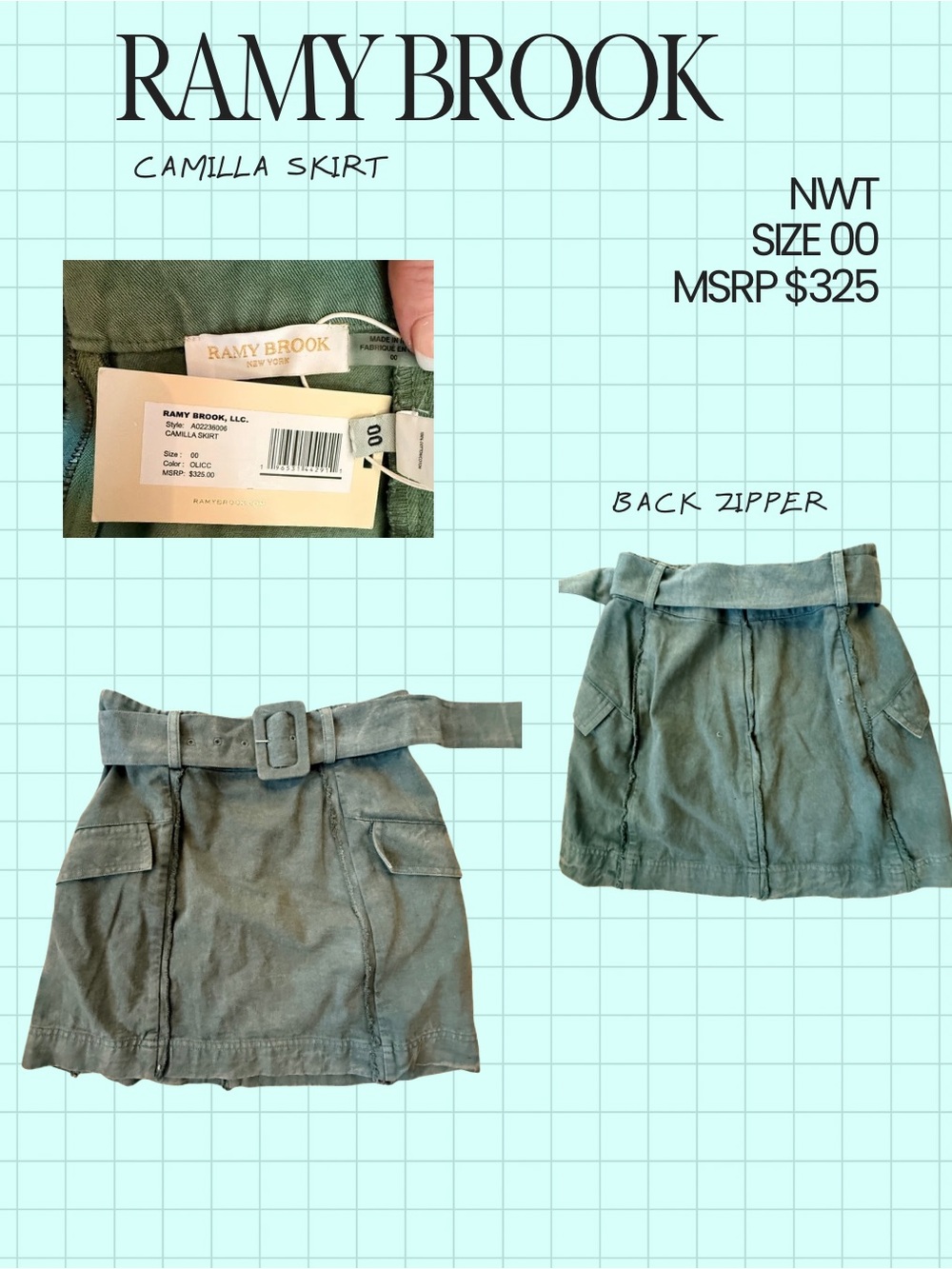 Ramy Brook Camilla Olive Green Belted Mini Skirt